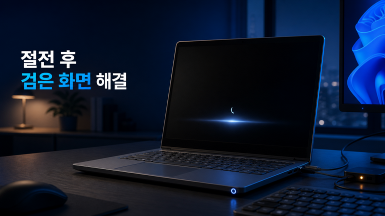 Windows 11 노트북이 절전 모드 후 검은 화면에 멈춰 전원과 디스플레이를 점검하는 모습