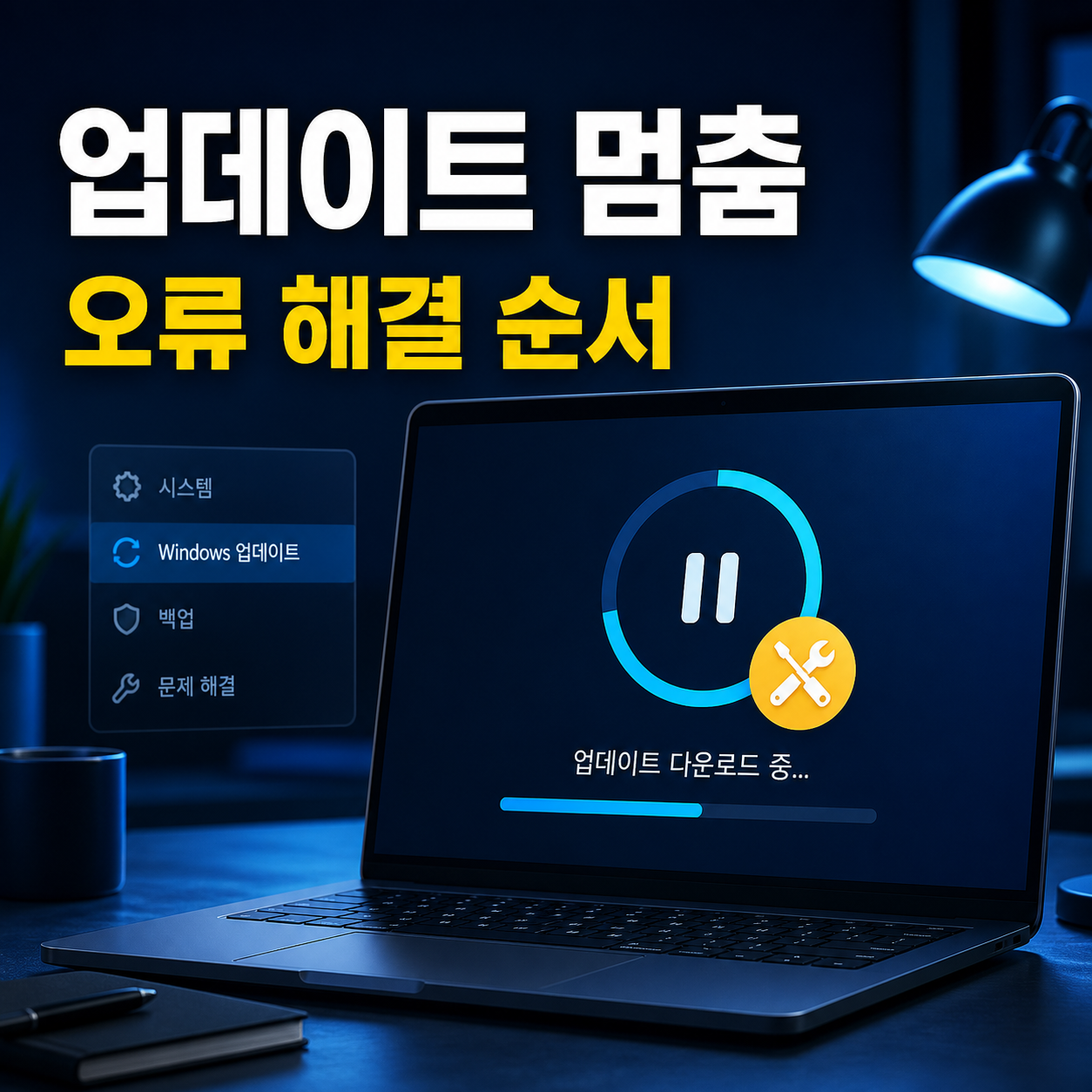 Windows 11 업데이트 다운로드가 멈춰 오류 해결 순서를 확인하는 노트북