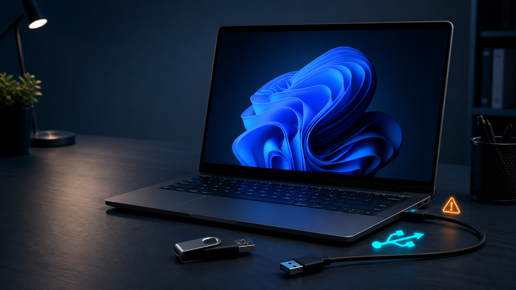 Windows 11 노트북이 USB 장치를 인식하지 못해 포트와 케이블을 점검하는 화면
