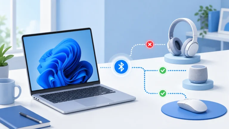 Windows 11 노트북과 블루투스 이어폰·마우스 연결 오류를 점검하는 모습