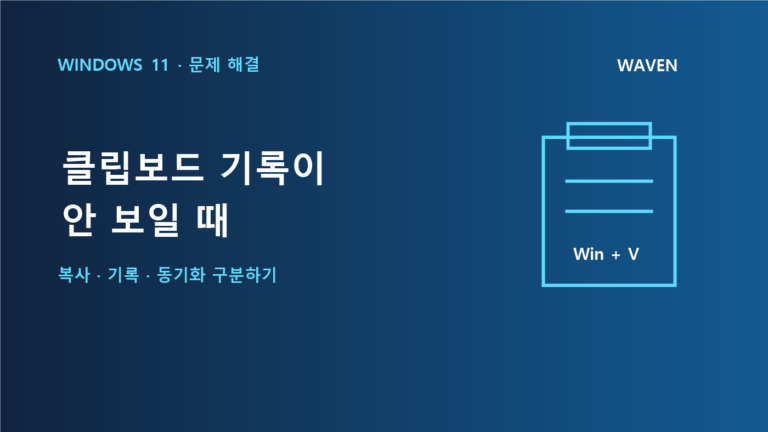 Windows 11 클립보드 기록과 Win+V 점검을 나타내는 클립보드 도식