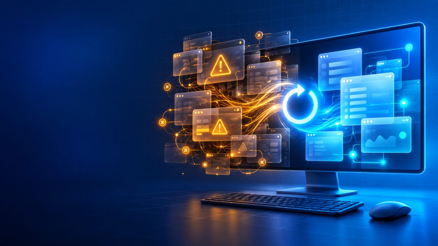 Abstract illustration showing a computer restart moving from a warning state to a stable state