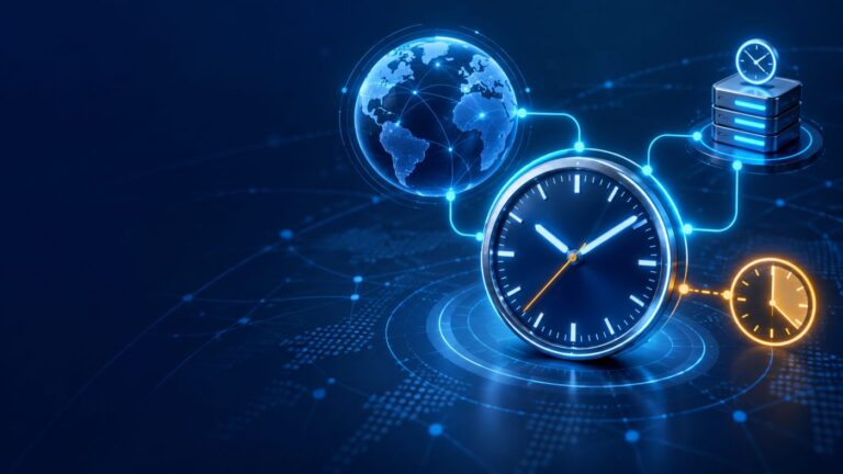 Abstract illustration of clocks, a globe, and a server node showing time zone synchronization
