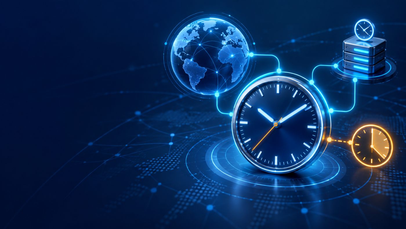 Abstract illustration of clocks, a globe, and a server node showing time zone synchronization